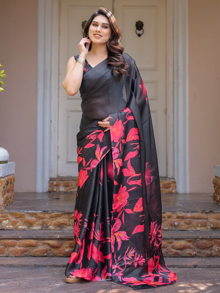 Black & Hot Pink Floral Printed Satin Georgette Saree with Matching Blouse – Statement Party & Evening Wear