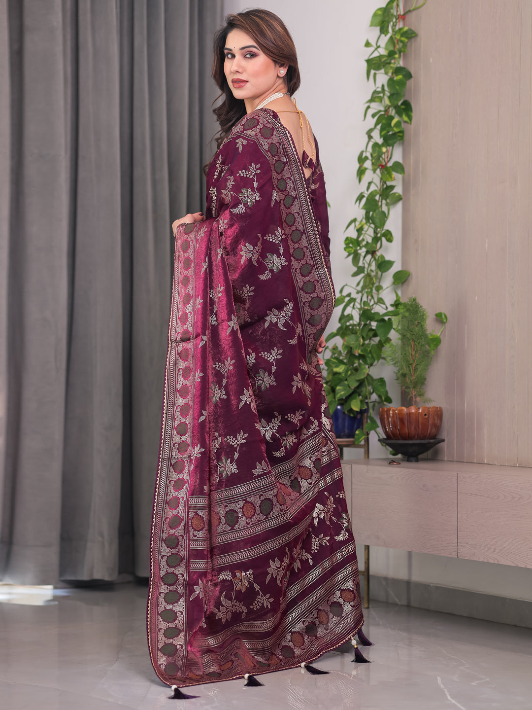 Wine Maroon Fendi Satin Block & Foil Print Saree with Floral Motifs, Attached Blouse & Tassel Pallu