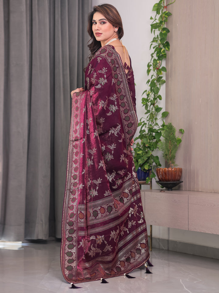Wine Maroon Fendi Satin Block & Foil Print Saree with Floral Motifs, Attached Blouse & Tassel Pallu