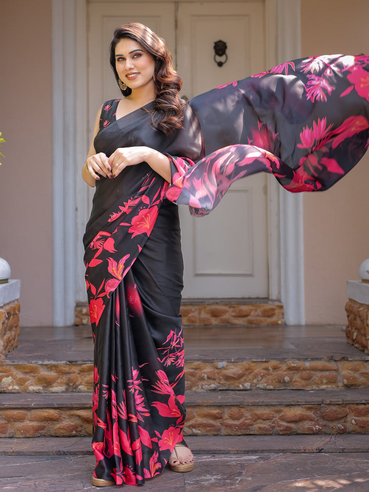 Black & Hot Pink Floral Printed Satin Georgette Saree with Matching Blouse – Statement Party & Evening Wear