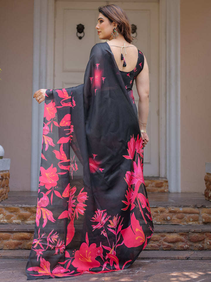 Black & Hot Pink Floral Printed Satin Georgette Saree with Matching Blouse – Statement Party & Evening Wear
