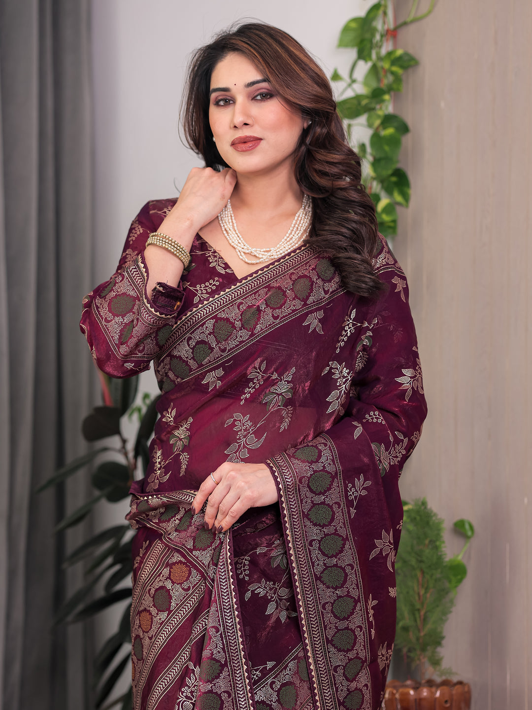 Wine Maroon Fendi Satin Block & Foil Print Saree with Floral Motifs, Attached Blouse & Tassel Pallu