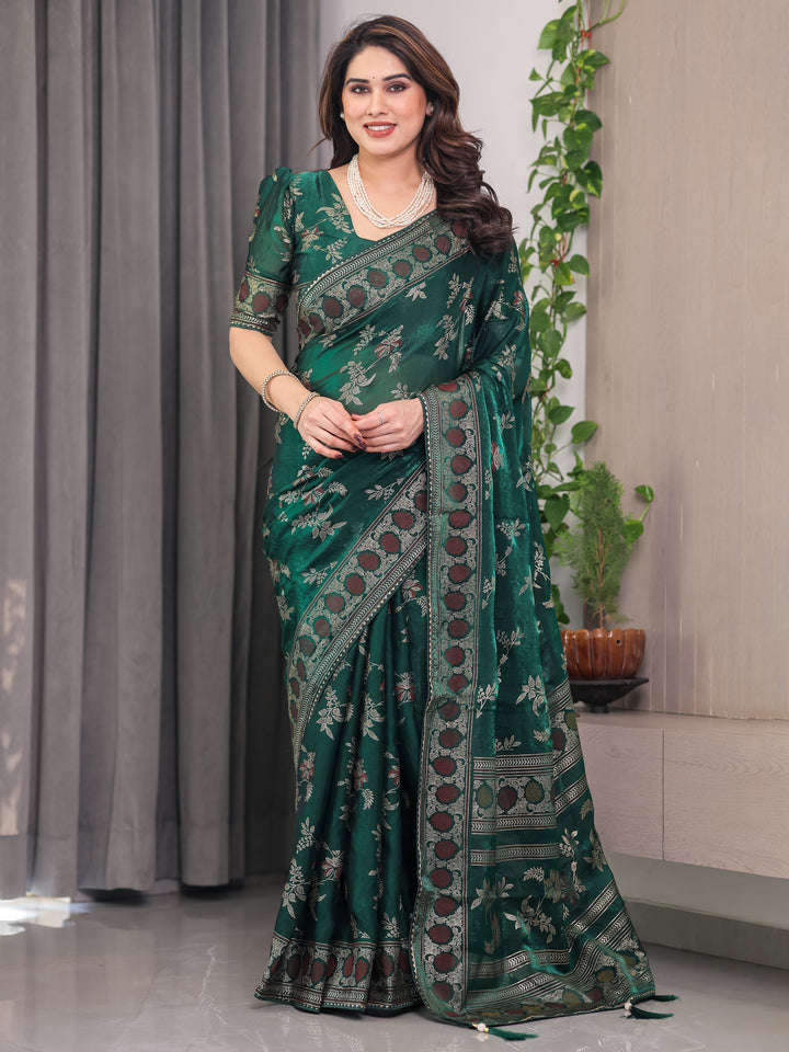 Bottle Green Fendi Satin Block & Foil Print Saree with Floral Motifs, Attached Blouse & Tassel Pallu