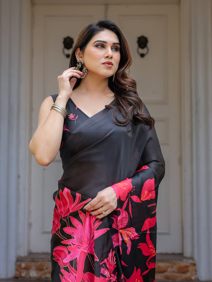 Black & Hot Pink Floral Printed Satin Georgette Saree with Matching Blouse – Statement Party & Evening Wear