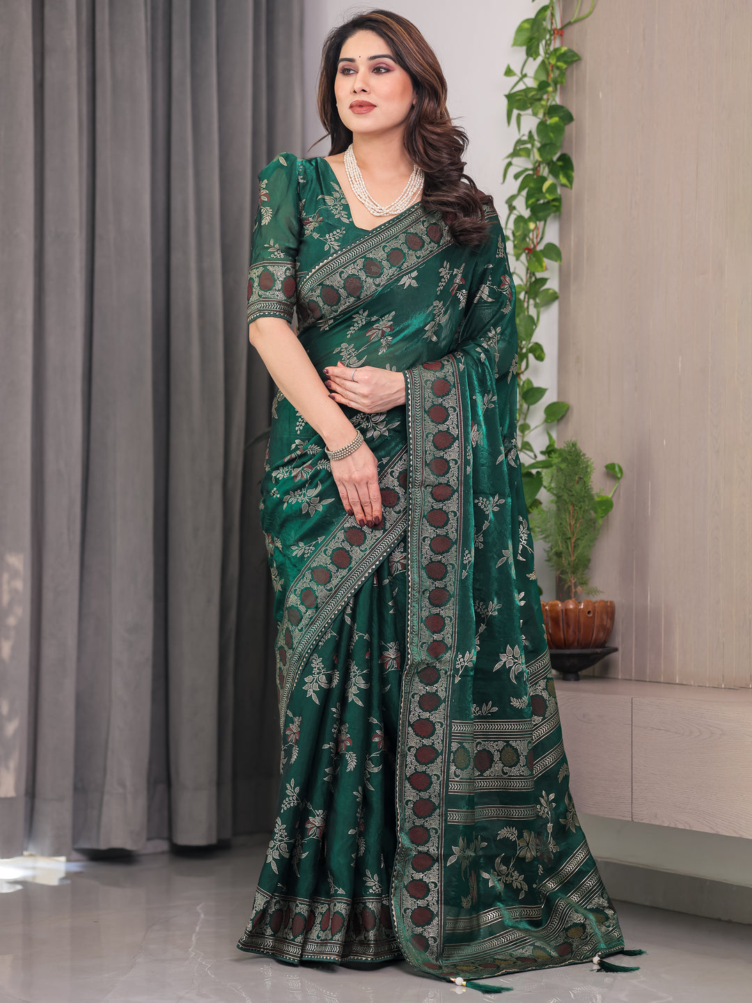 Bottle Green Fendi Satin Block & Foil Print Saree with Floral Motifs, Attached Blouse & Tassel Pallu