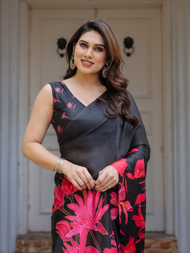 Black & Hot Pink Floral Printed Satin Georgette Saree with Matching Blouse – Statement Party & Evening Wear