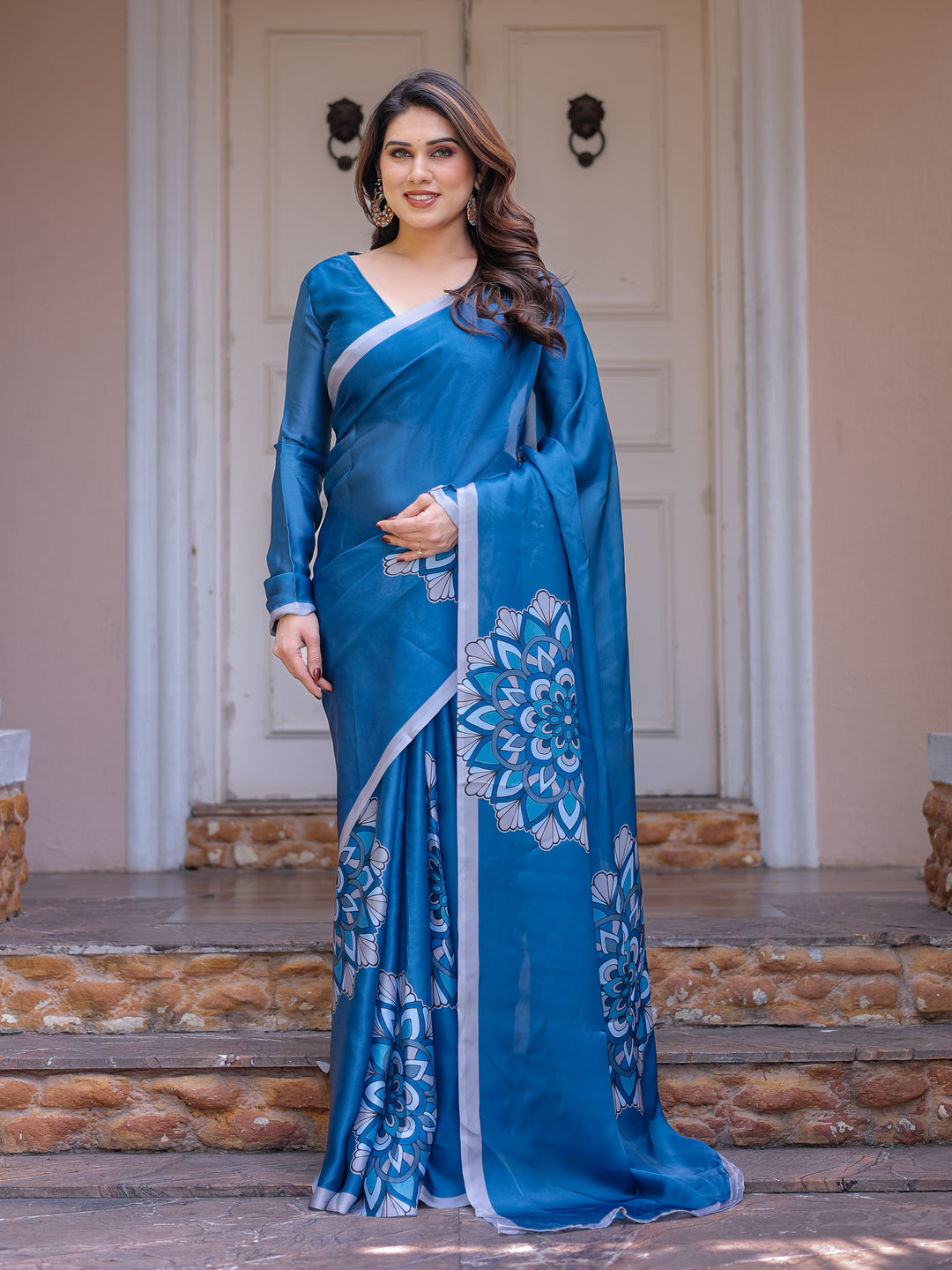 Teal Blue Mandala Printed Satin Georgette Saree with Matching Blouse – Contemporary Party & Festive Wear