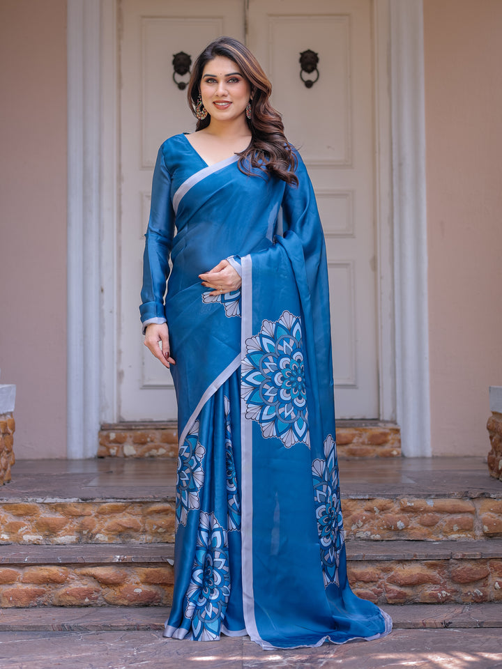 Teal Blue Mandala Printed Satin Georgette Saree with Matching Blouse – Contemporary Party & Festive Wear