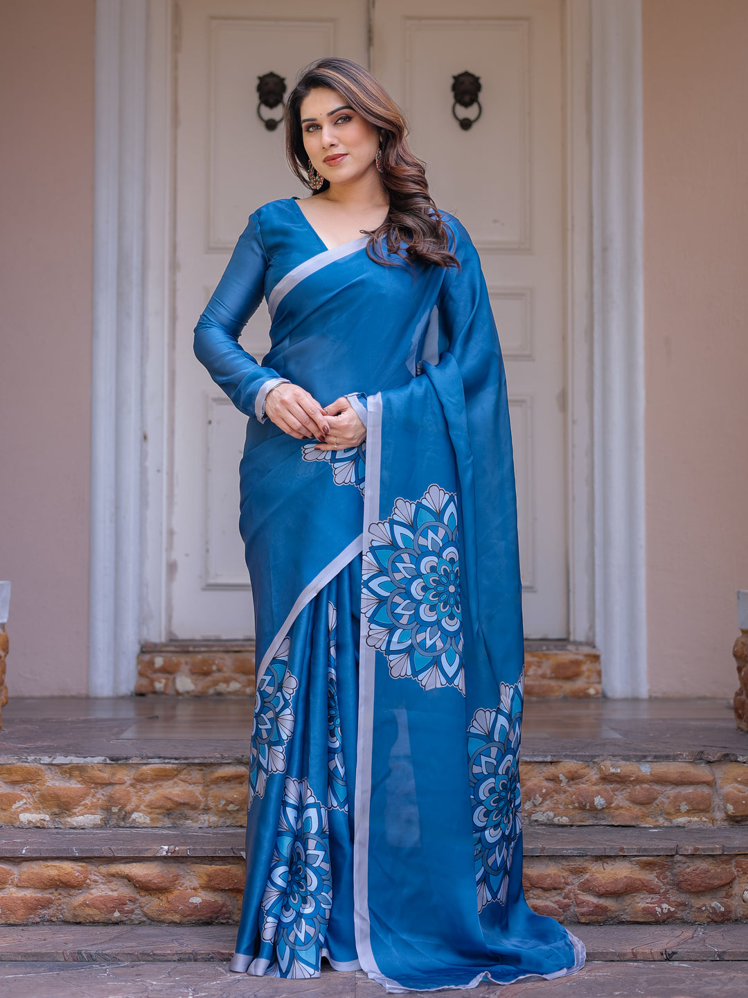 Teal Blue Mandala Printed Satin Georgette Saree with Matching Blouse – Contemporary Party & Festive Wear