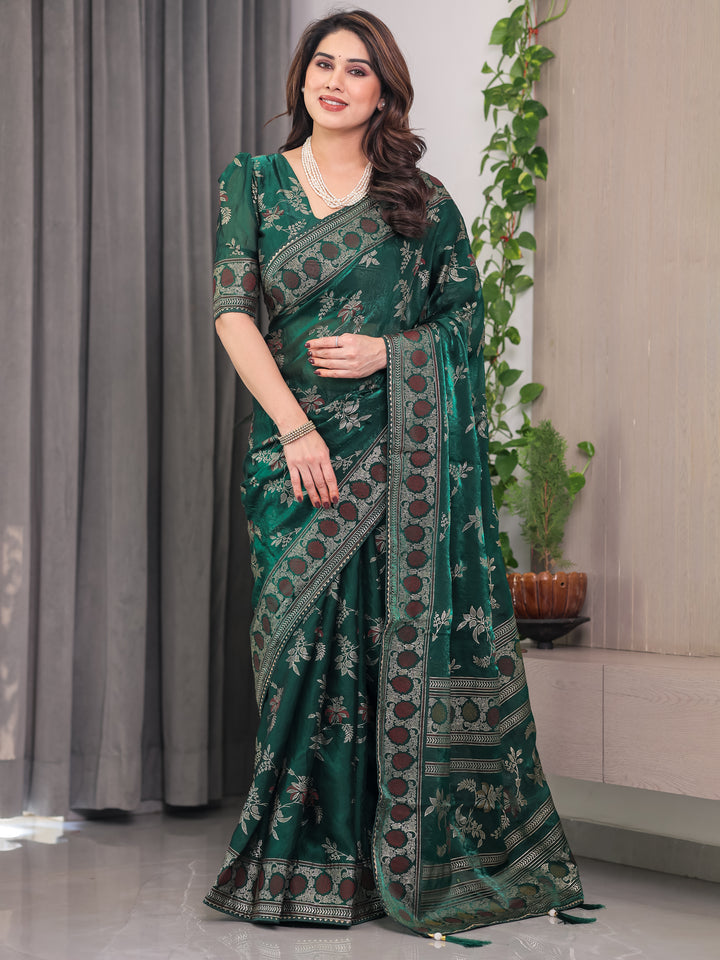 Bottle Green Fendi Satin Block & Foil Print Saree with Floral Motifs, Attached Blouse & Tassel Pallu