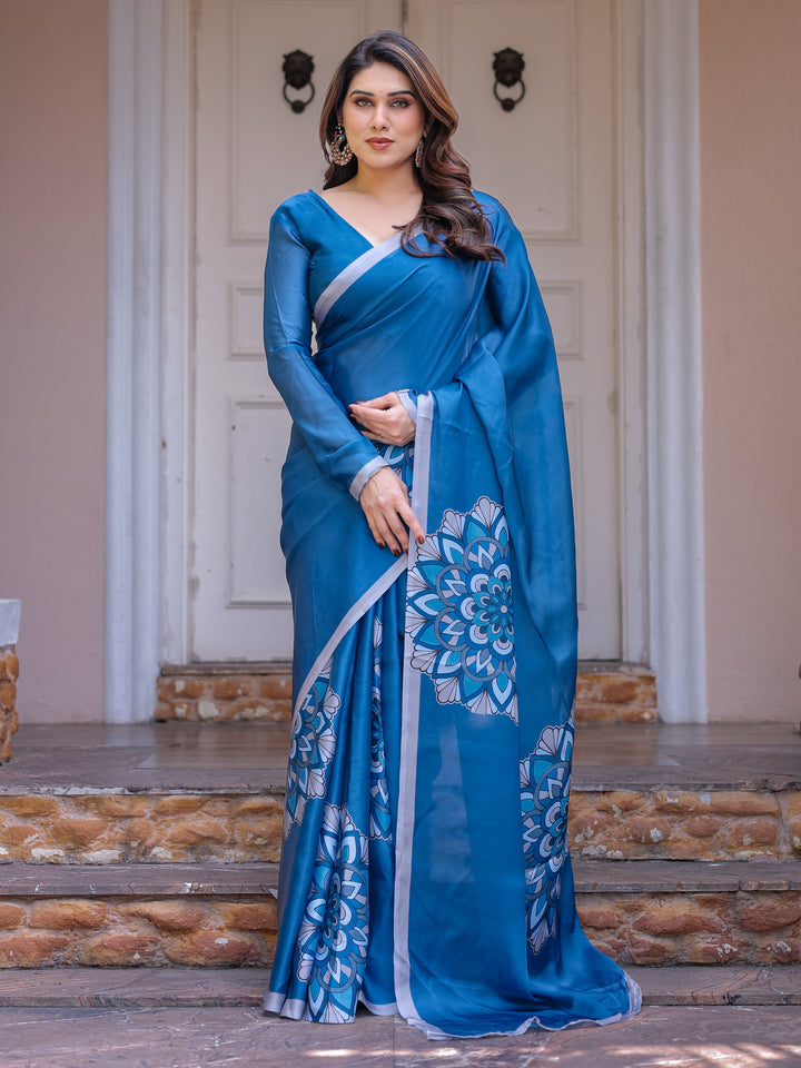 Teal Blue Mandala Printed Satin Georgette Saree with Matching Blouse – Contemporary Party & Festive Wear
