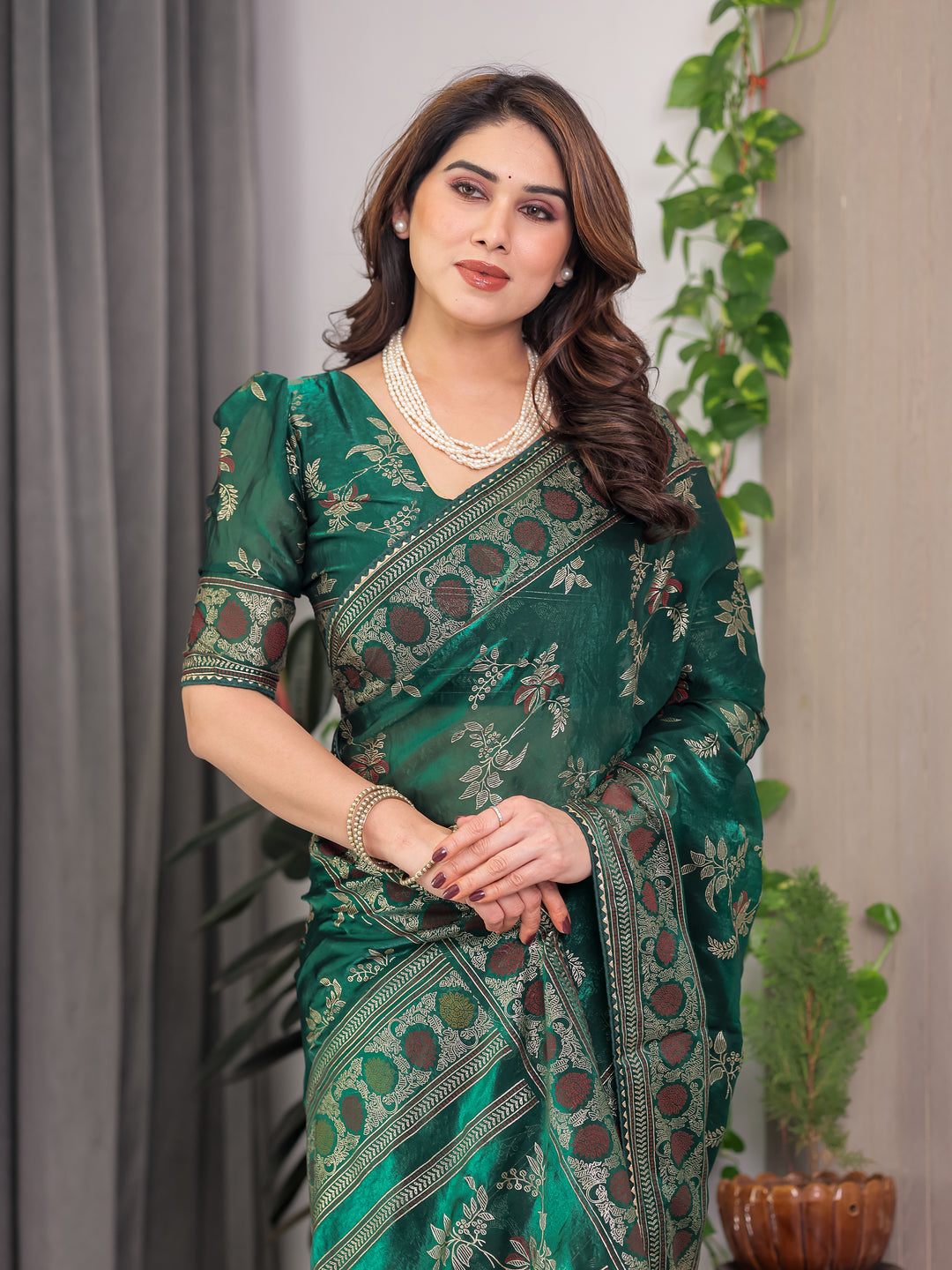 Bottle Green Fendi Satin Block & Foil Print Saree with Floral Motifs, Attached Blouse & Tassel Pallu