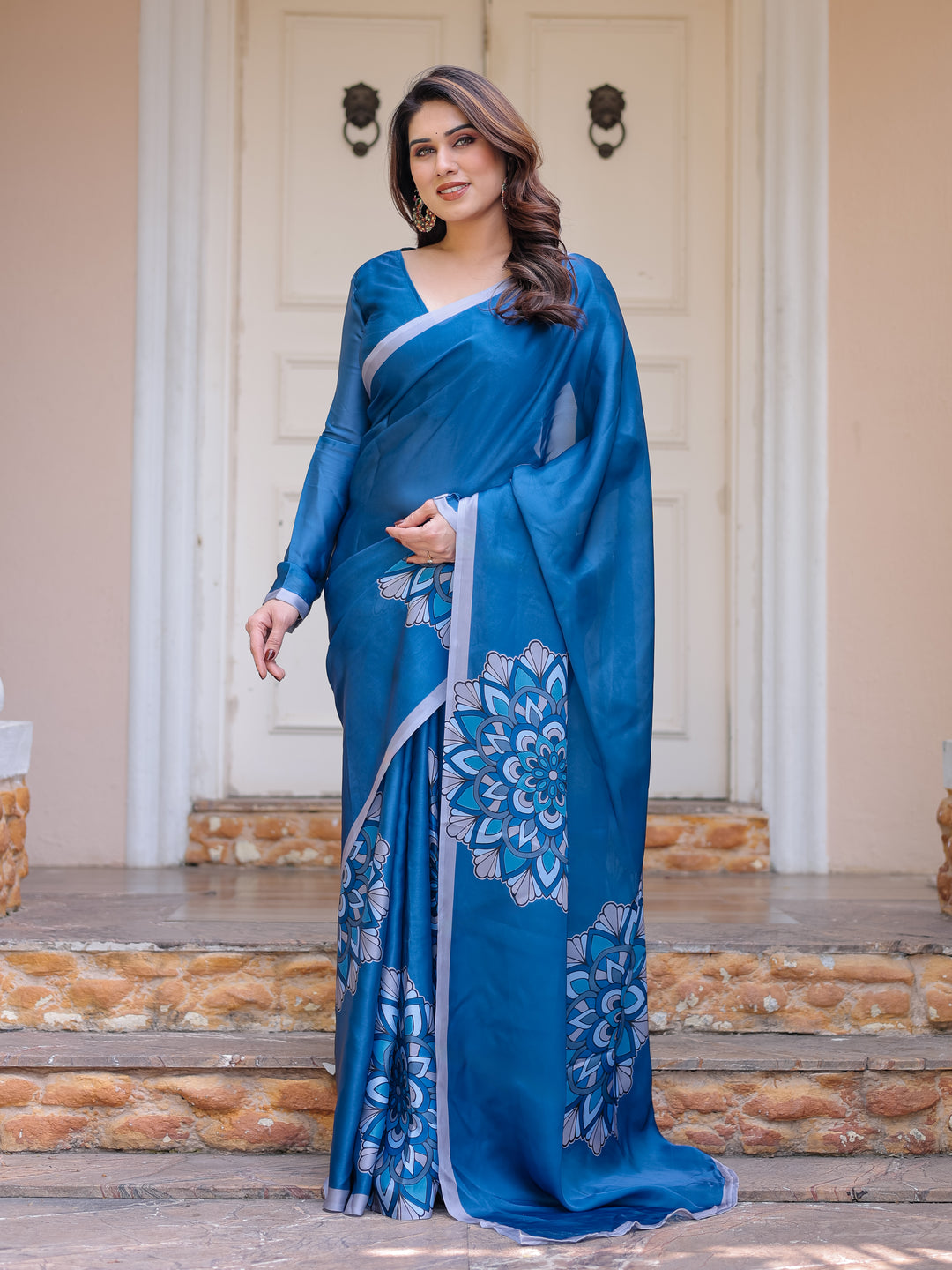 Teal Blue Mandala Printed Satin Georgette Saree with Matching Blouse – Contemporary Party & Festive Wear