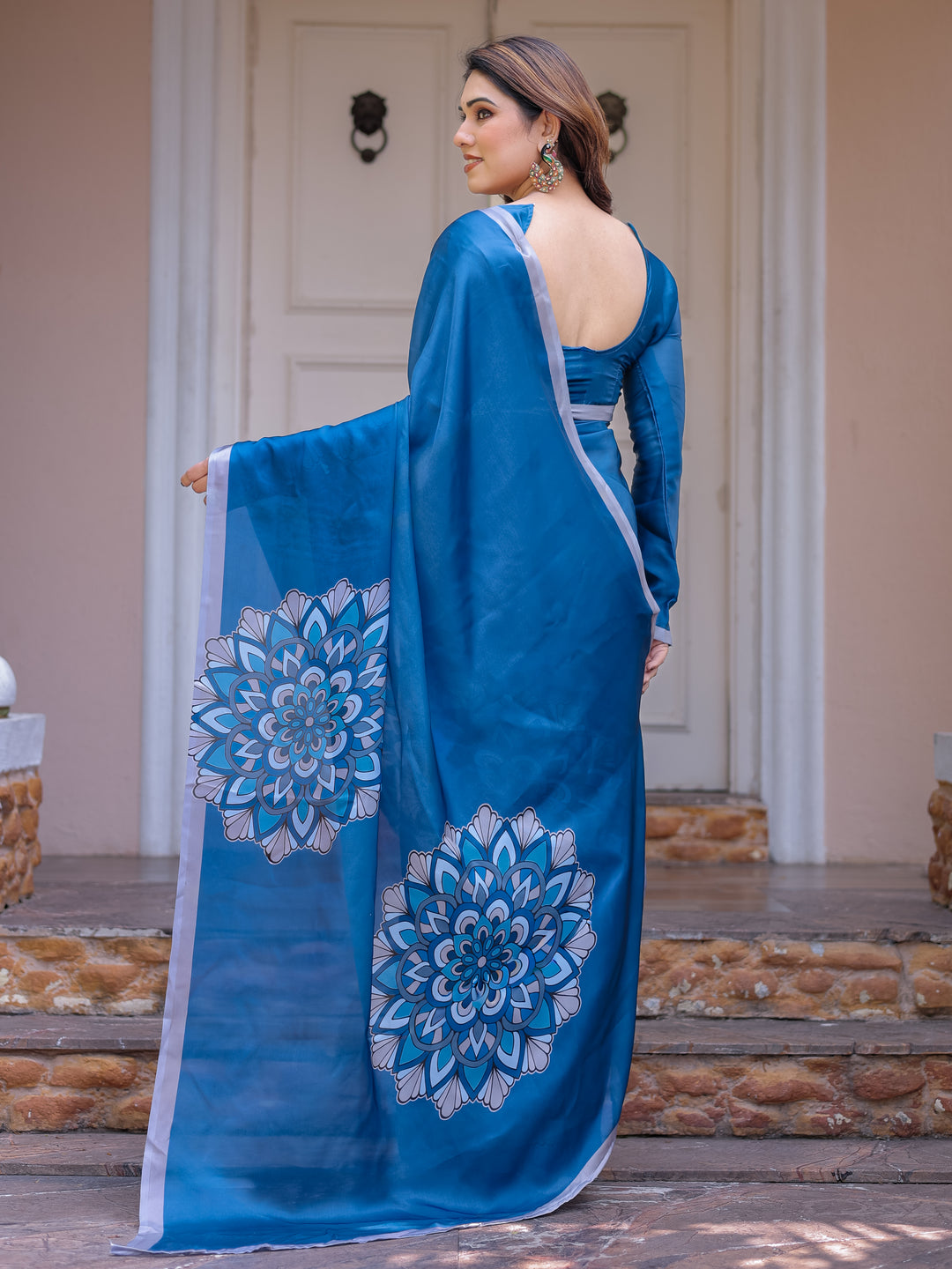 Teal Blue Mandala Printed Satin Georgette Saree with Matching Blouse – Contemporary Party & Festive Wear