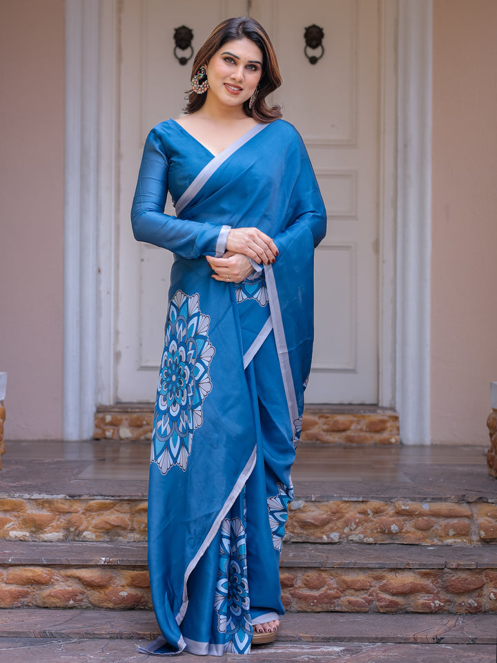 Teal Blue Mandala Printed Satin Georgette Saree with Matching Blouse – Contemporary Party & Festive Wear