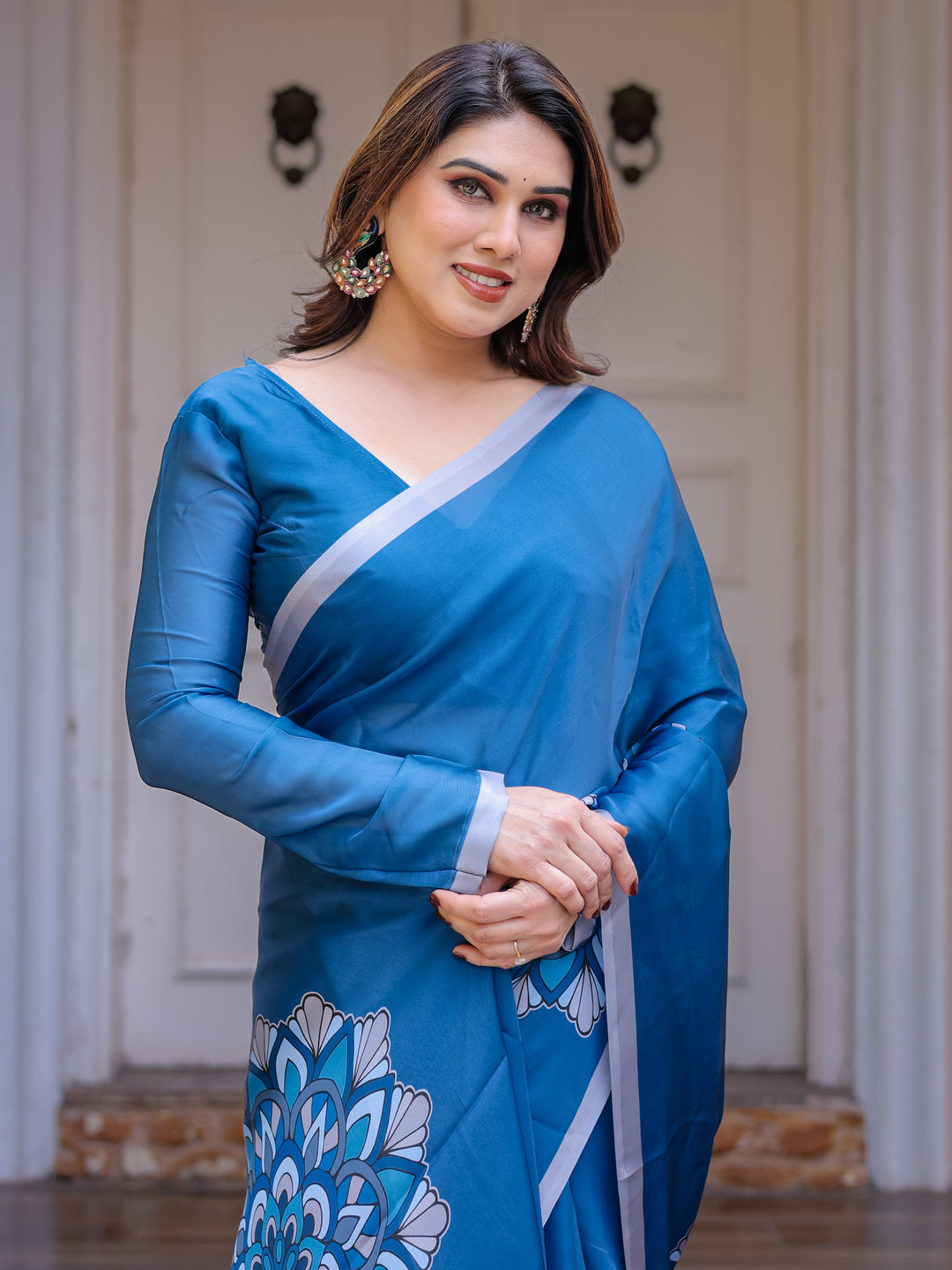 Teal Blue Mandala Printed Satin Georgette Saree with Matching Blouse – Contemporary Party & Festive Wear