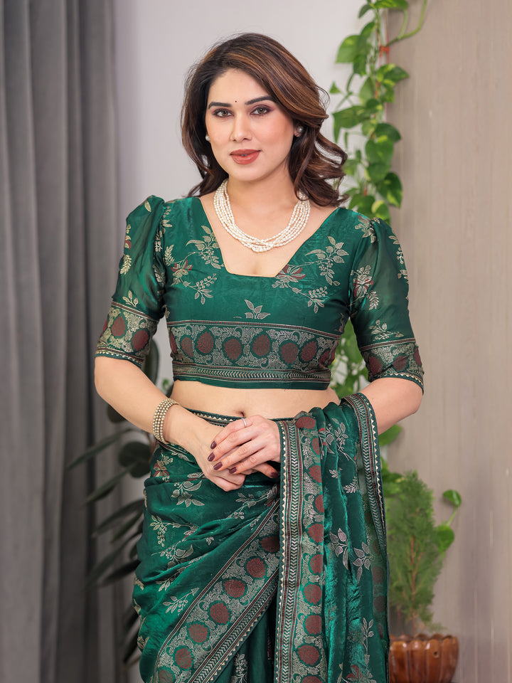 Bottle Green Fendi Satin Block & Foil Print Saree with Floral Motifs, Attached Blouse & Tassel Pallu