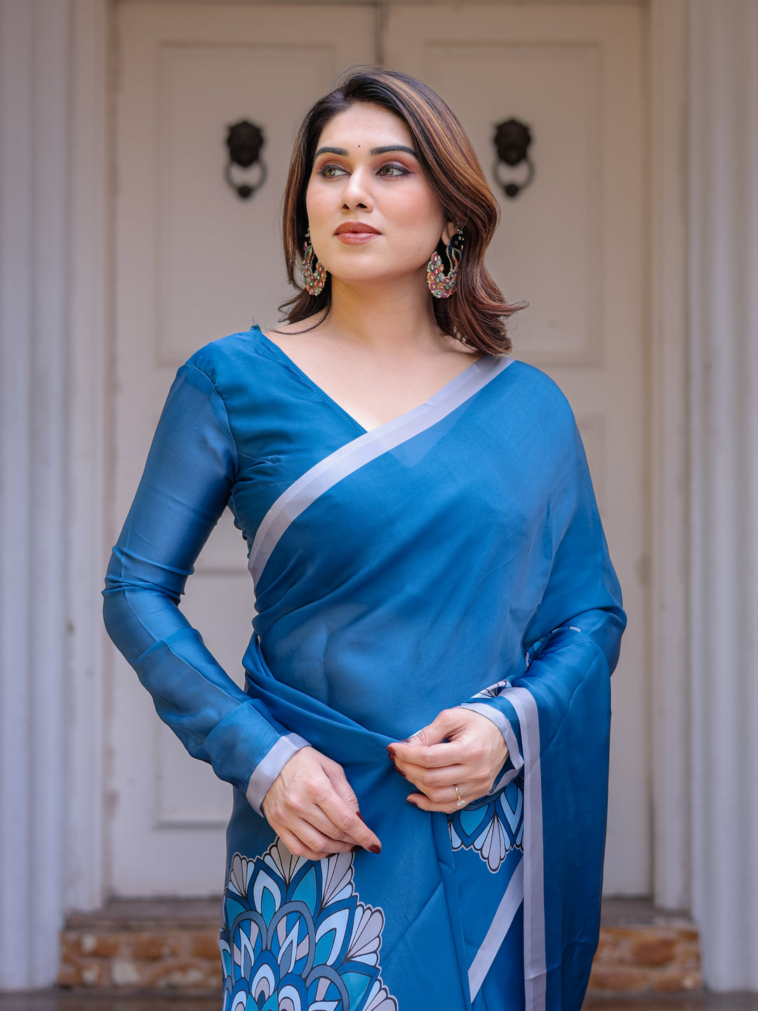 Teal Blue Mandala Printed Satin Georgette Saree with Matching Blouse – Contemporary Party & Festive Wear