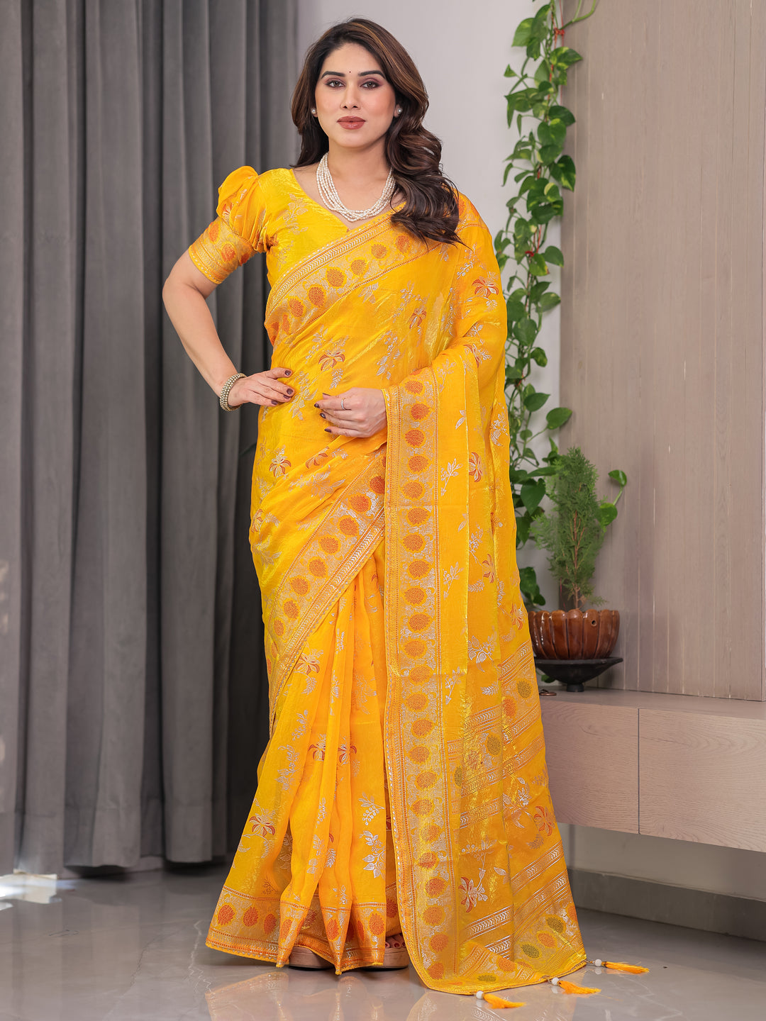 Mustard Yellow Fendi Satin Block & Foil Print Saree with Floral Motifs, Attached Blouse & Tassel Pallu