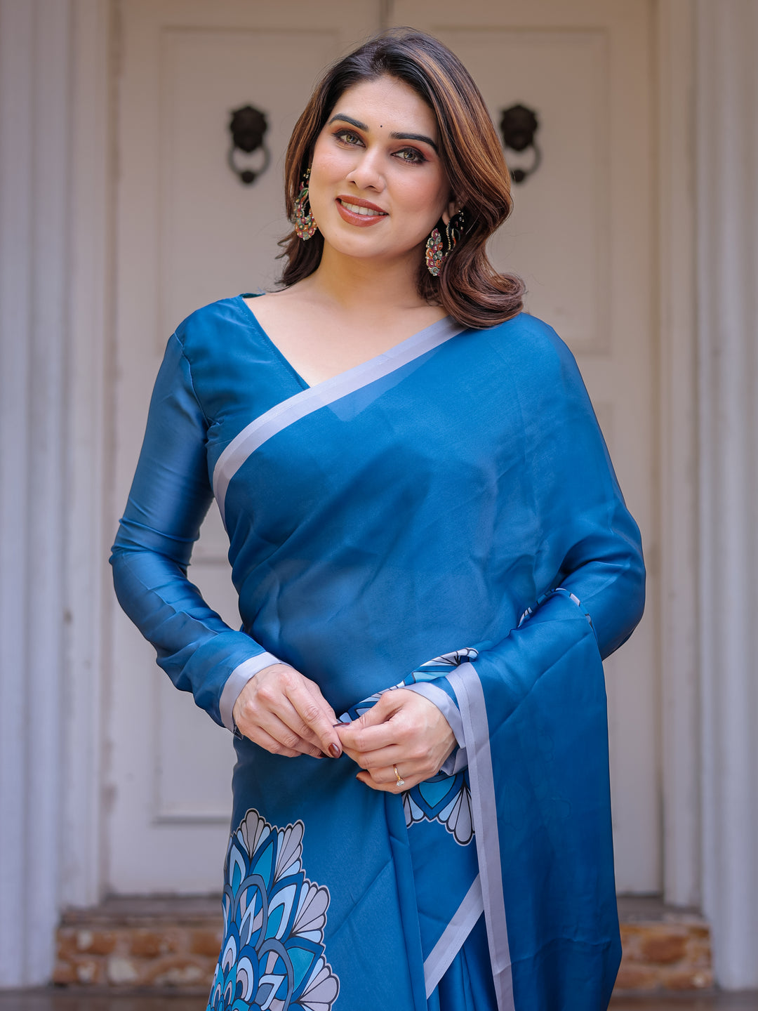 Teal Blue Mandala Printed Satin Georgette Saree with Matching Blouse – Contemporary Party & Festive Wear