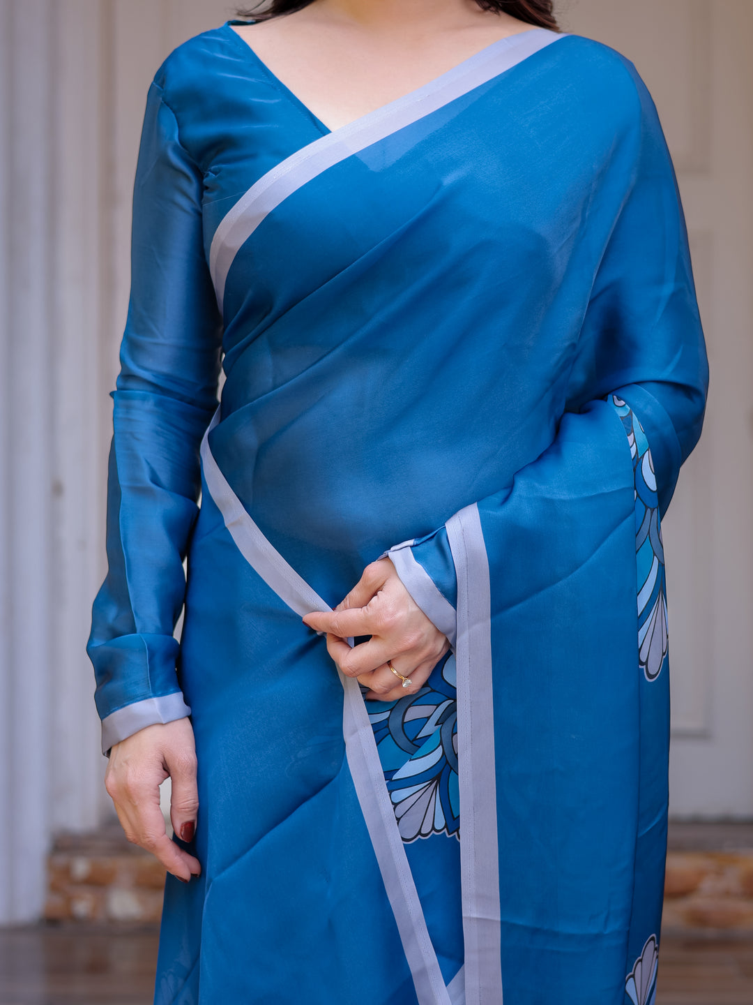 Teal Blue Mandala Printed Satin Georgette Saree with Matching Blouse – Contemporary Party & Festive Wear