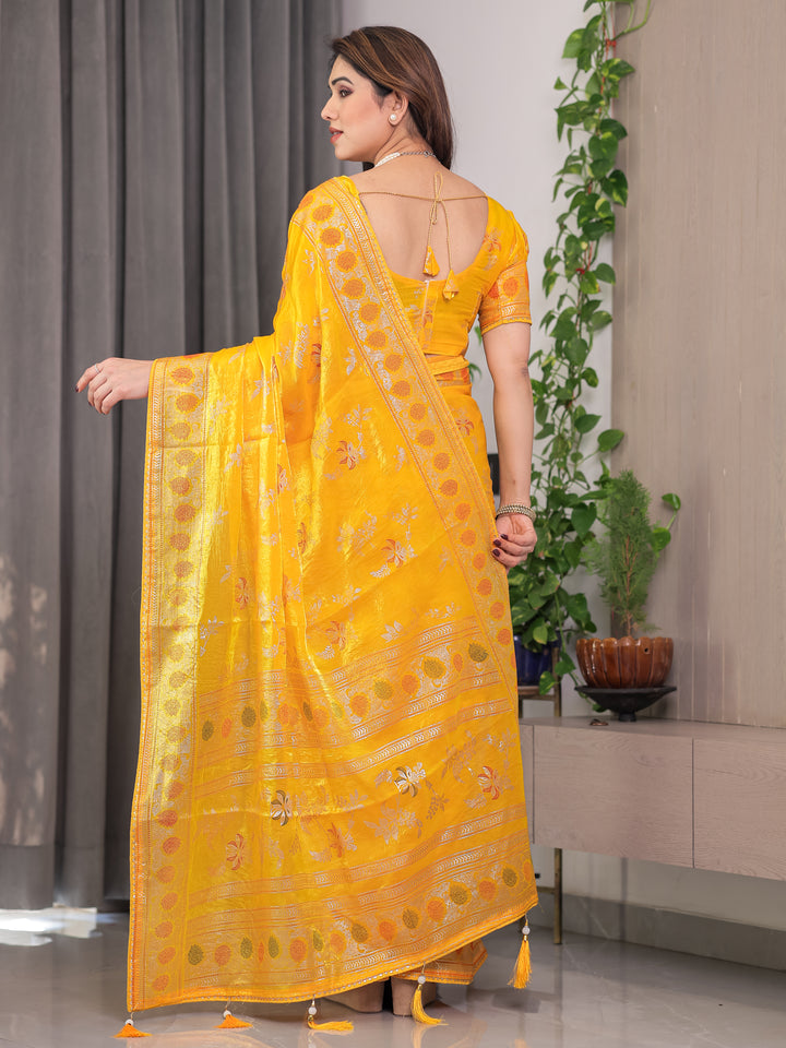 Mustard Yellow Fendi Satin Block & Foil Print Saree with Floral Motifs, Attached Blouse & Tassel Pallu