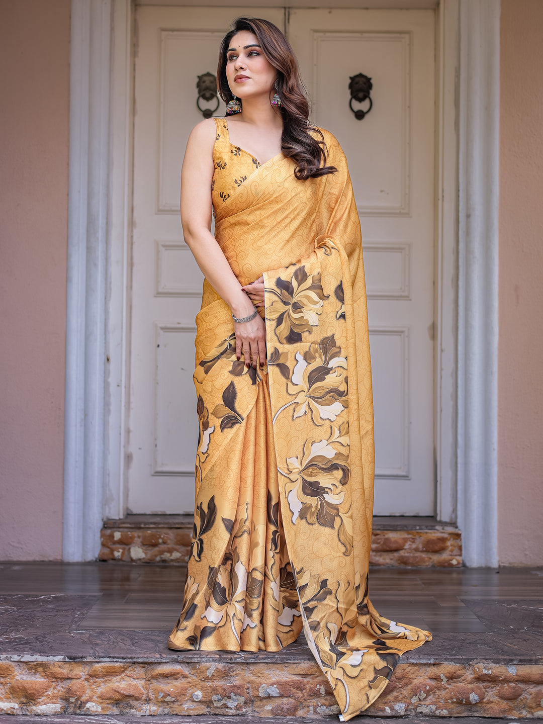 Mustard Gold Floral Printed Satin Georgette Saree with Matching Blouse – Elegant Festive & Party Wear