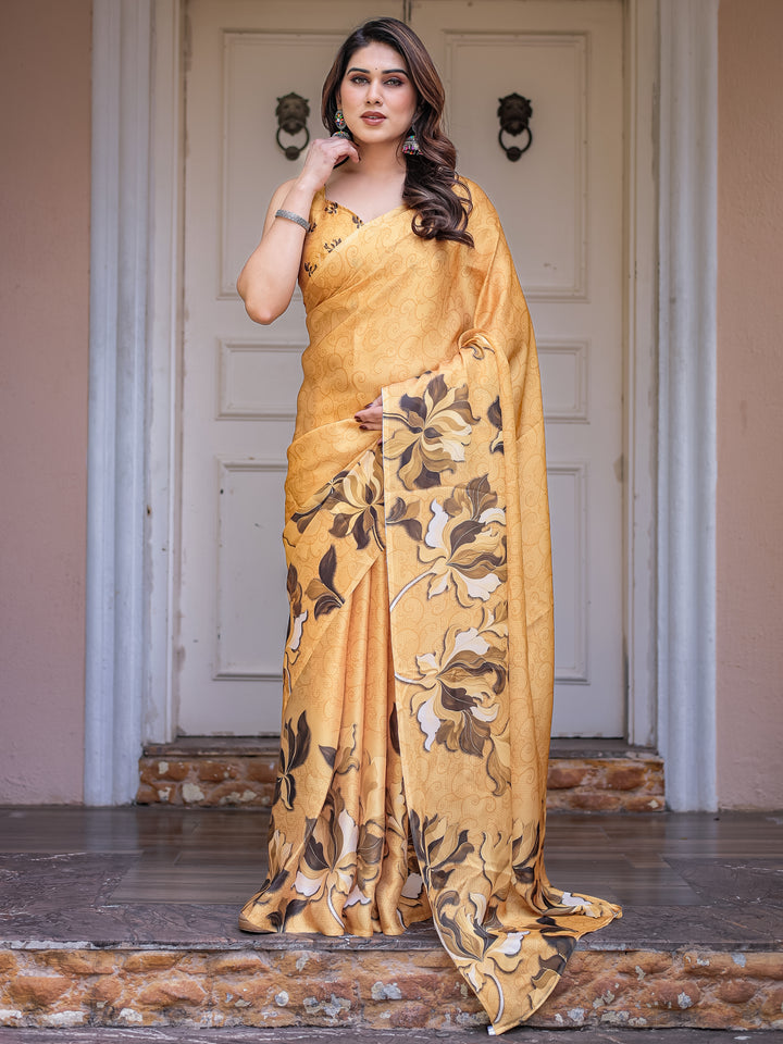 Mustard Gold Floral Printed Satin Georgette Saree with Matching Blouse – Elegant Festive & Party Wear