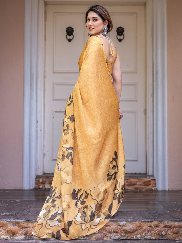 Mustard Gold Floral Printed Satin Georgette Saree with Matching Blouse – Elegant Festive & Party Wear