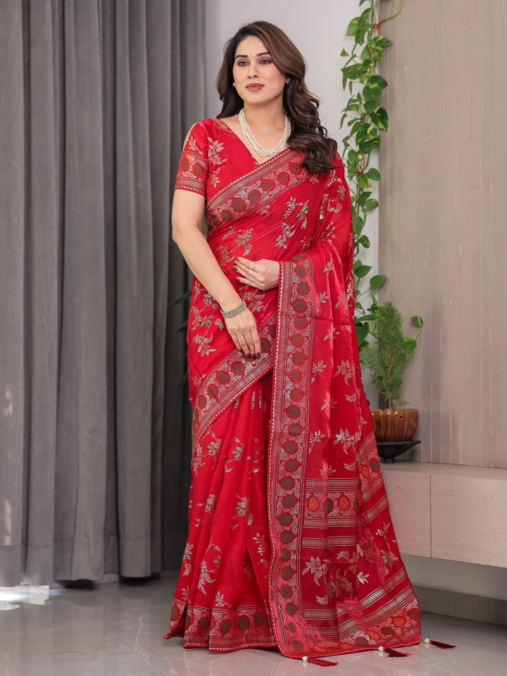 Classic Red Fendi Satin Block & Foil Print Saree with Floral Motifs, Attached Blouse & Tassel Pallu