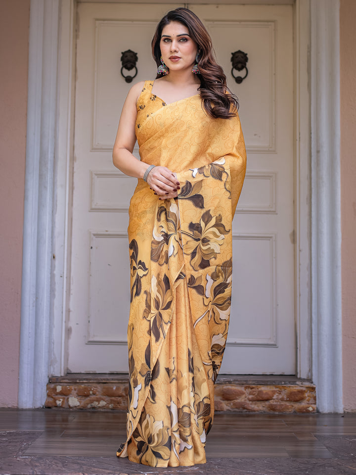 Mustard Gold Floral Printed Satin Georgette Saree with Matching Blouse – Elegant Festive & Party Wear
