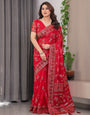 Classic Red Fendi Satin Block & Foil Print Saree with Floral Motifs, Attached Blouse & Tassel Pallu