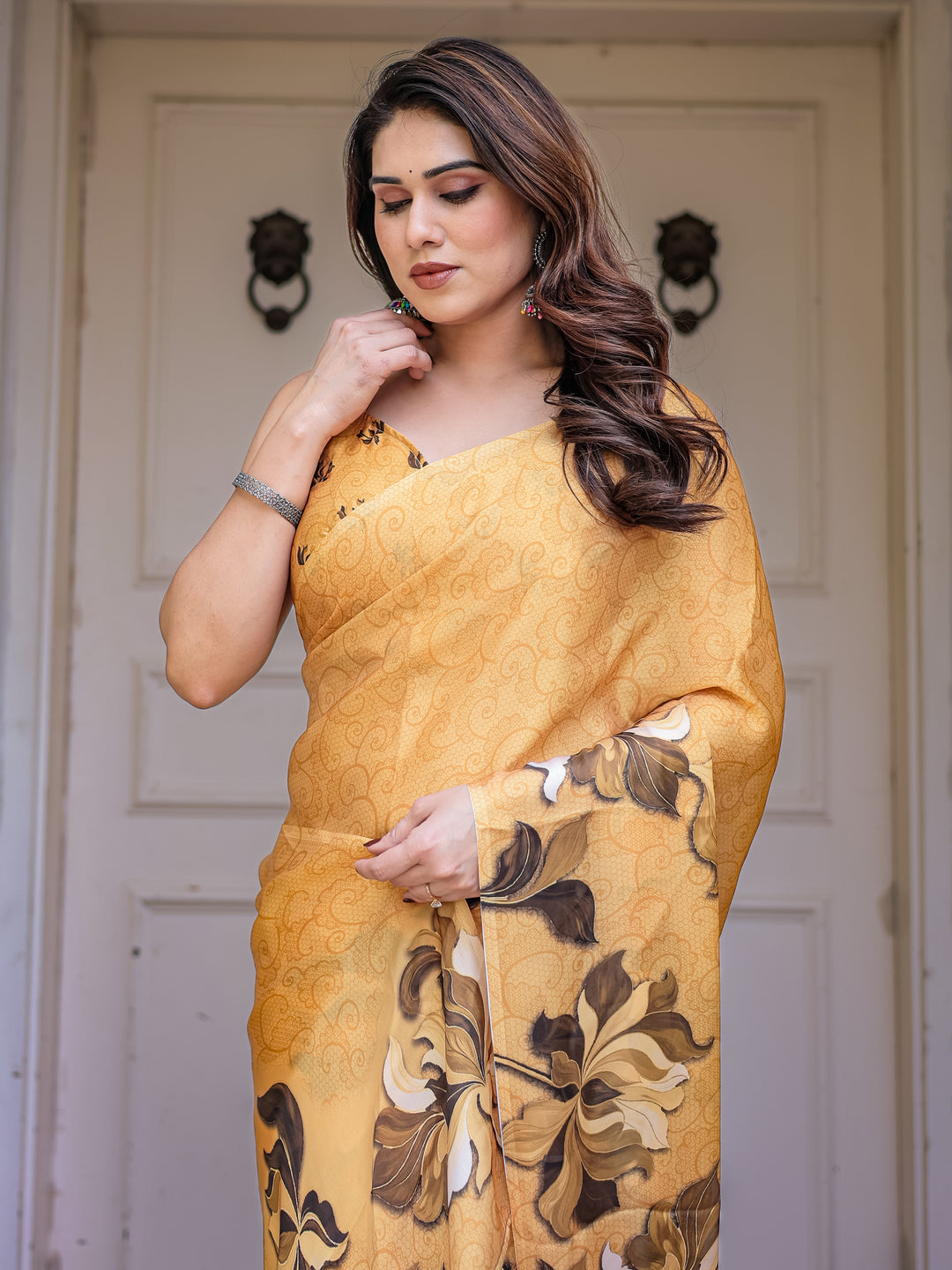 Mustard Gold Floral Printed Satin Georgette Saree with Matching Blouse – Elegant Festive & Party Wear