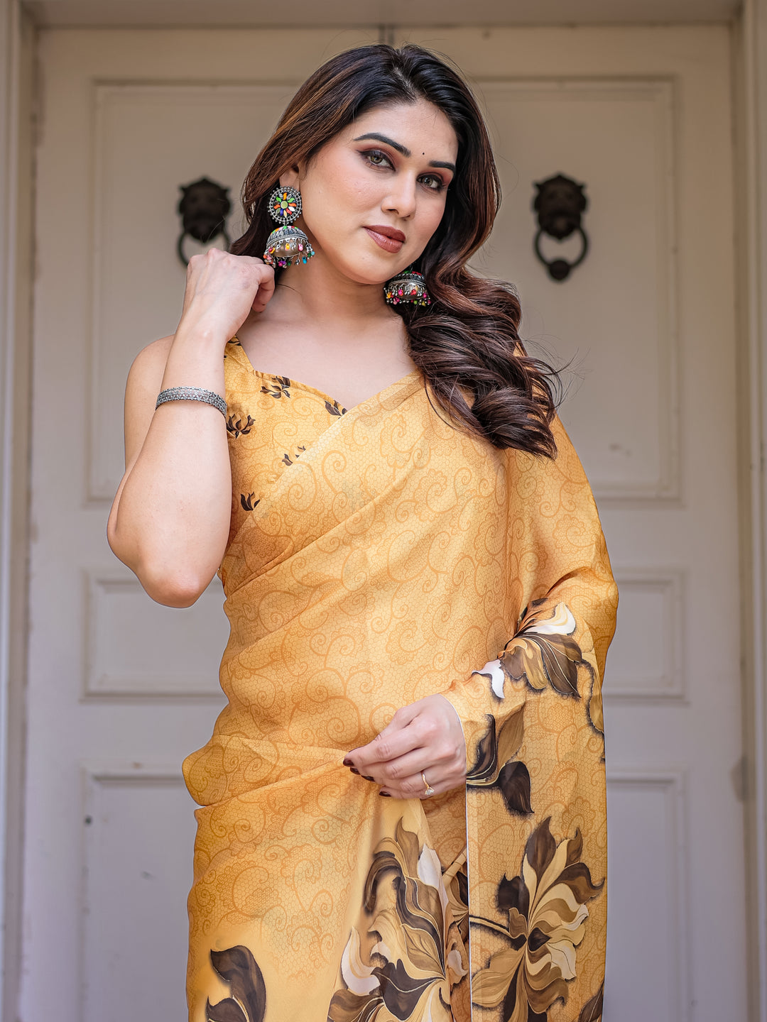 Mustard Gold Floral Printed Satin Georgette Saree with Matching Blouse – Elegant Festive & Party Wear