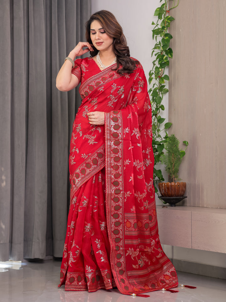 Classic Red Fendi Satin Block & Foil Print Saree with Floral Motifs, Attached Blouse & Tassel Pallu