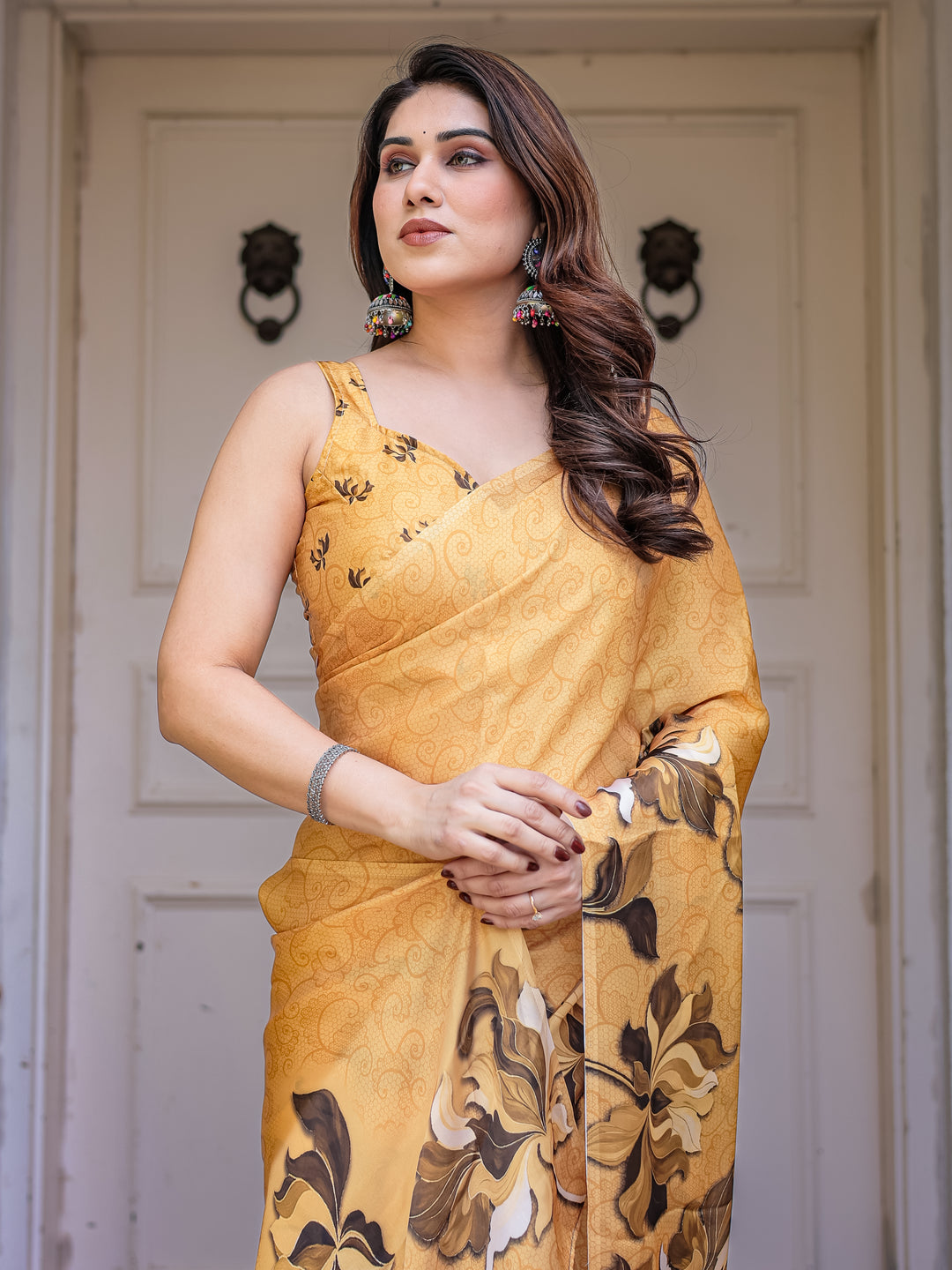 Mustard Gold Floral Printed Satin Georgette Saree with Matching Blouse – Elegant Festive & Party Wear