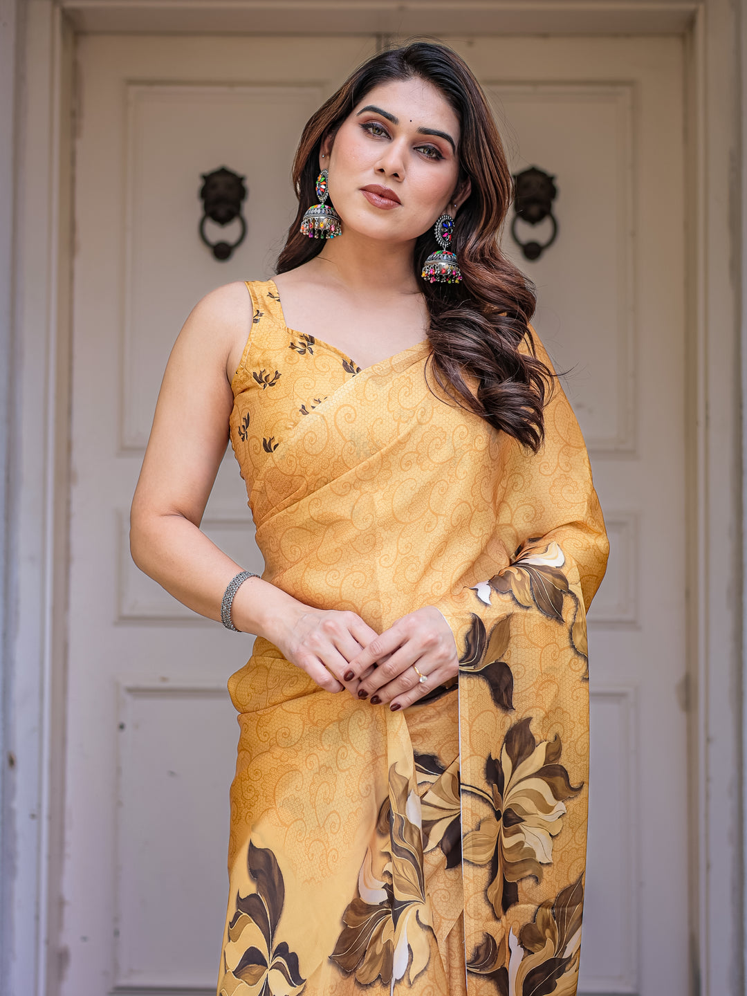 Mustard Gold Floral Printed Satin Georgette Saree with Matching Blouse – Elegant Festive & Party Wear