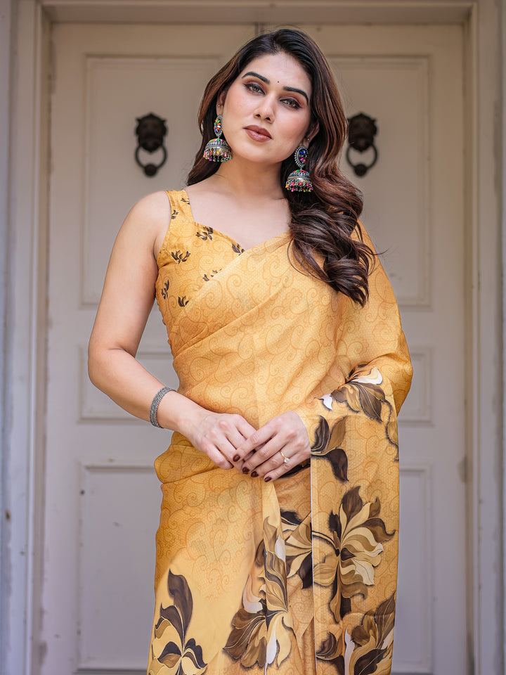 Mustard Gold Floral Printed Satin Georgette Saree with Matching Blouse – Elegant Festive & Party Wear