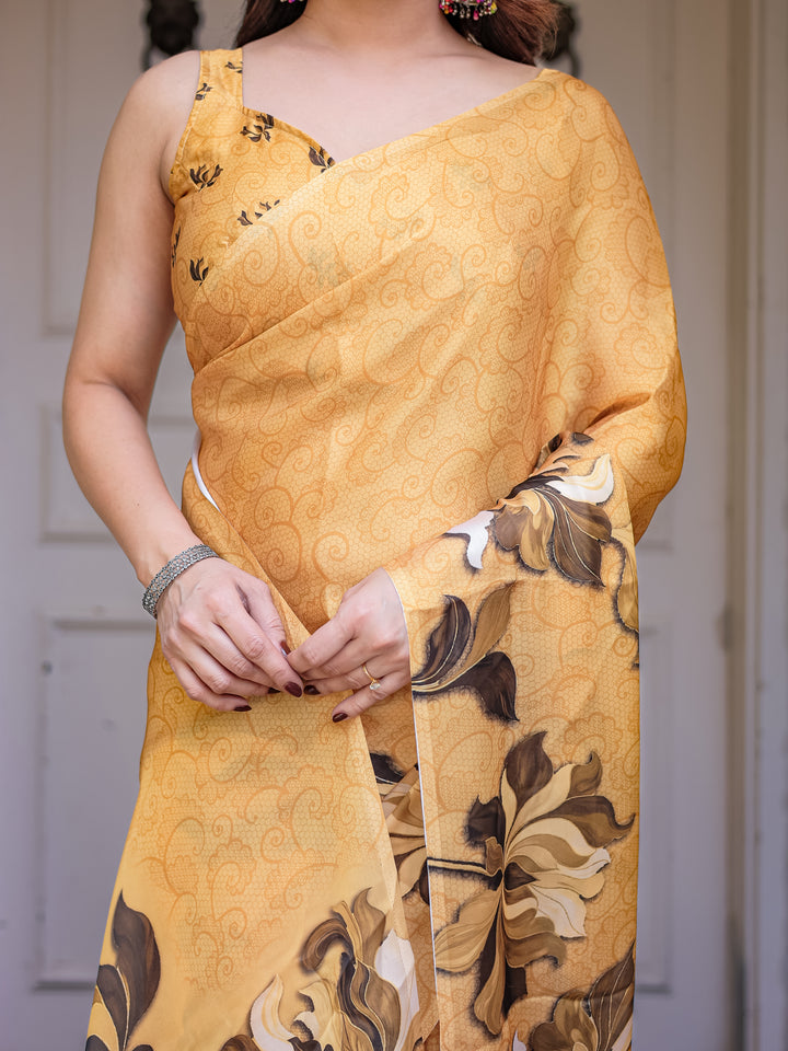 Mustard Gold Floral Printed Satin Georgette Saree with Matching Blouse – Elegant Festive & Party Wear