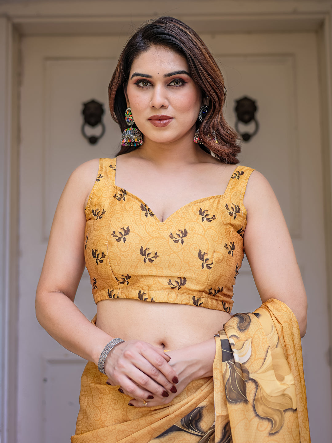 Mustard Gold Floral Printed Satin Georgette Saree with Matching Blouse – Elegant Festive & Party Wear