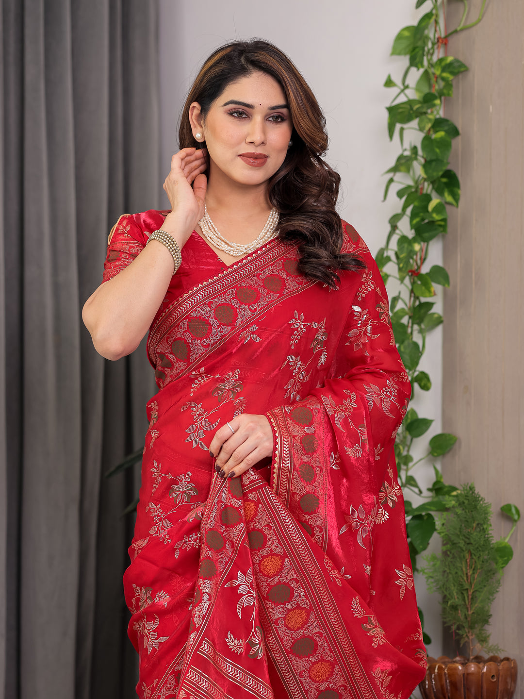 Classic Red Fendi Satin Block & Foil Print Saree with Floral Motifs, Attached Blouse & Tassel Pallu