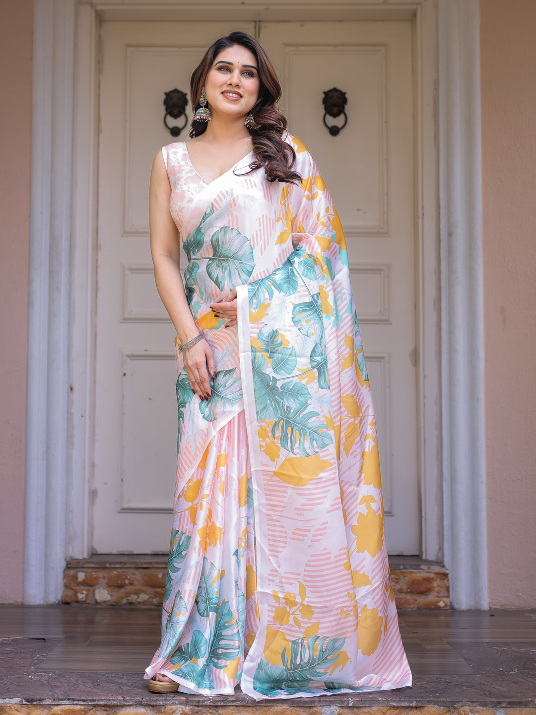 White Tropical Leaf Printed Satin Georgette Saree with Matching Blouse – Fresh Summer Party & Day Wear