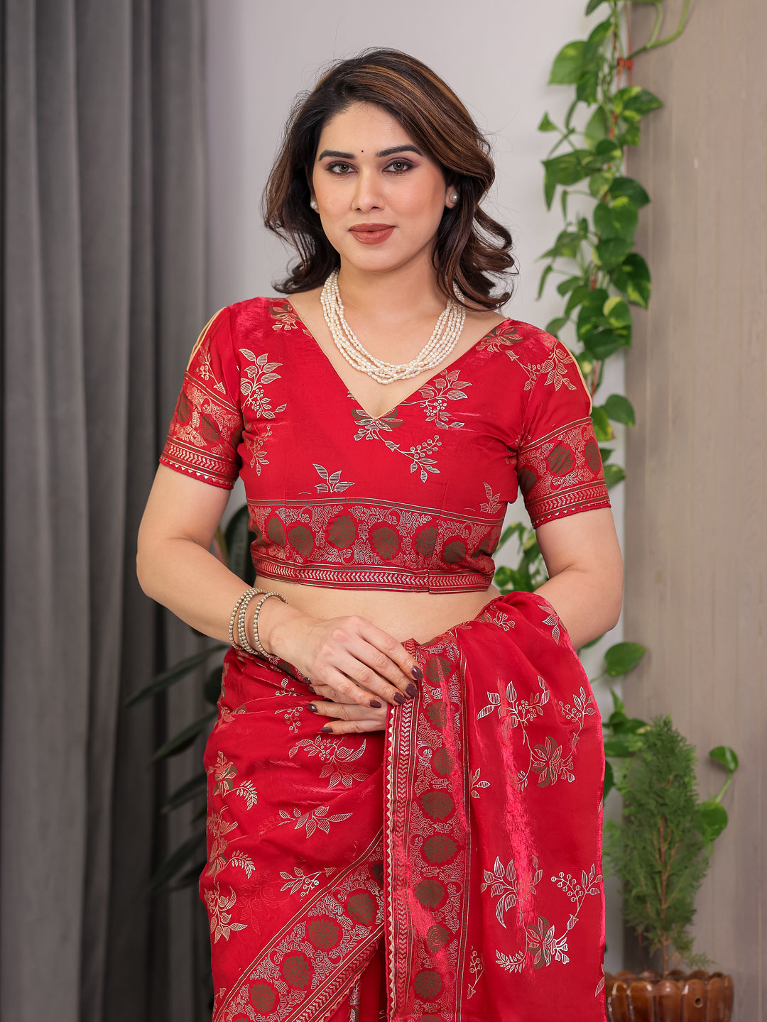 Classic Red Fendi Satin Block & Foil Print Saree with Floral Motifs, Attached Blouse & Tassel Pallu