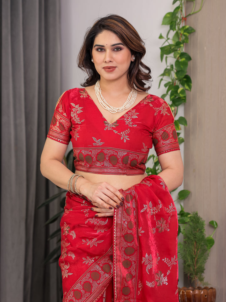 Classic Red Fendi Satin Block & Foil Print Saree with Floral Motifs, Attached Blouse & Tassel Pallu