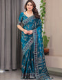 Elegant Teal Blue Fendi Satin Block & Foil Print Saree with Floral Motifs, Attached Blouse & Tassel Pallu