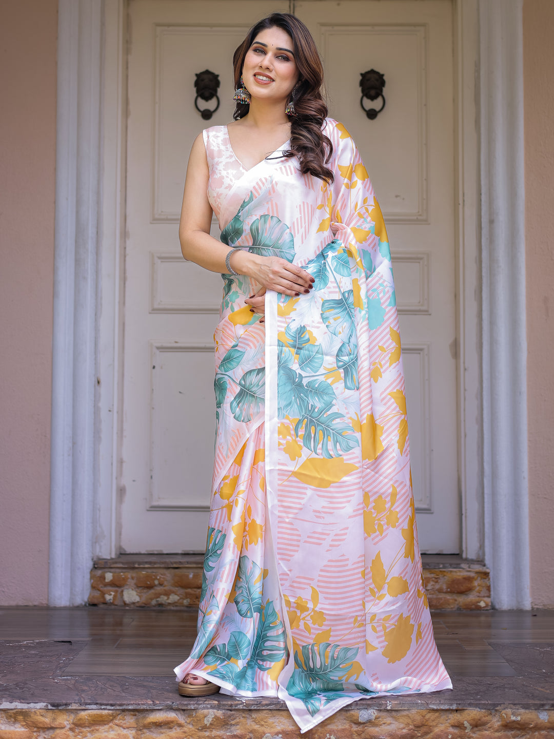 White Tropical Leaf Printed Satin Georgette Saree with Matching Blouse – Fresh Summer Party & Day Wear