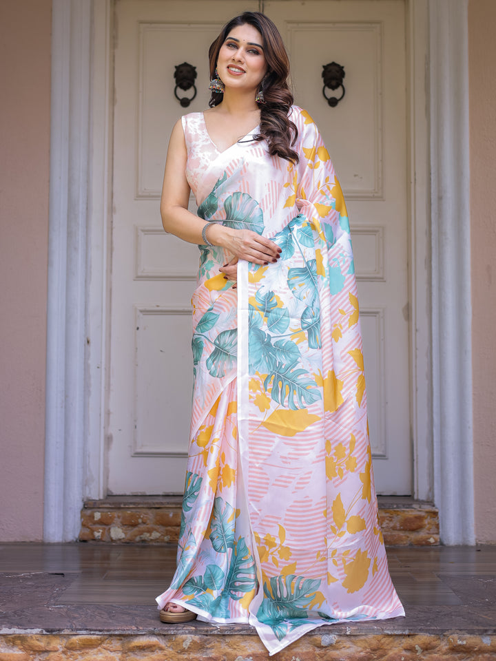 White Tropical Leaf Printed Satin Georgette Saree with Matching Blouse – Fresh Summer Party & Day Wear