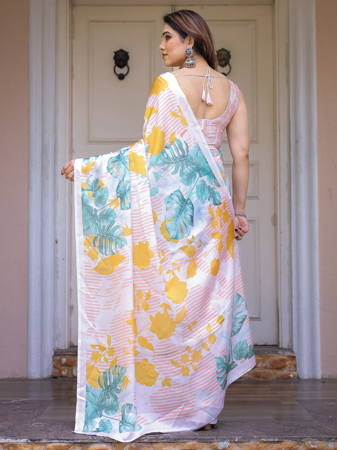 White Tropical Leaf Printed Satin Georgette Saree with Matching Blouse – Fresh Summer Party & Day Wear