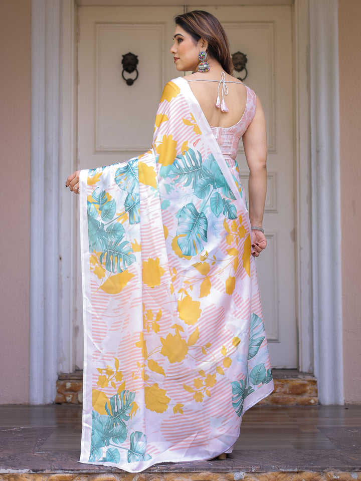 White Tropical Leaf Printed Satin Georgette Saree with Matching Blouse – Fresh Summer Party & Day Wear