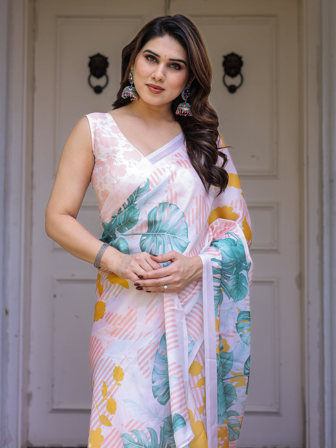 White Tropical Leaf Printed Satin Georgette Saree with Matching Blouse – Fresh Summer Party & Day Wear